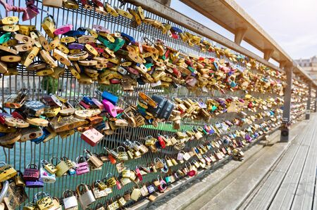 Paris, France - July, 19, 2019: Love locks on the bridge in Paris, Franceのeditorial素材