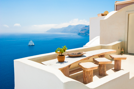 White architecture on Santorini island, Greece. Beautiful sea view. Famous travel destinationのeditorial素材