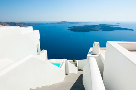White architecture on Santorini island, Greece. Beautiful sea view. Famous travel destinationのeditorial素材