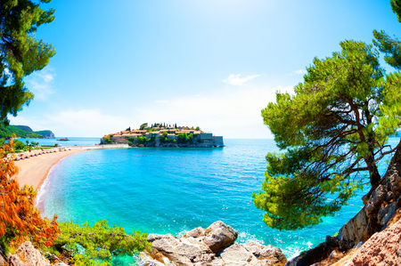 Panoramic view of Sveti Stefan island near Budva, Montenegro. Beautiful summer landscape. Famous travel destination.のeditorial素材