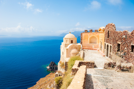 View of Castle and old church in Oia town in Santorini island, Greece. Famous travel destinationのeditorial素材