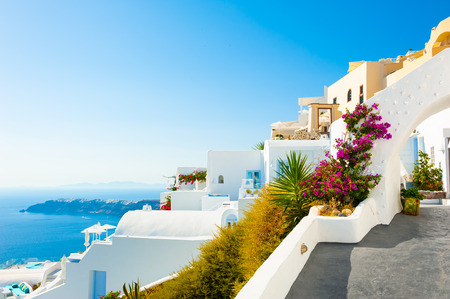 White architecture of Santorini island, Greece. Summer landscape, sea view. Famous travel destinationのeditorial素材