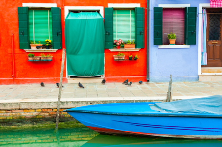 Colorful houses on the canal in Burano island, Venice, Italy. Famous travel destinationのeditorial素材