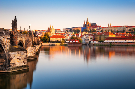 View of  Old Town with Prague Castle and Charles Bridge at sunrise in Prague, Czech Republic. Famous travel destinationのeditorial素材
