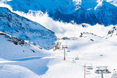 Ski resort in winter Alps. Val Thorens, 3 Valleys, France. Beautiful mountains, winter landscapeの写真素材