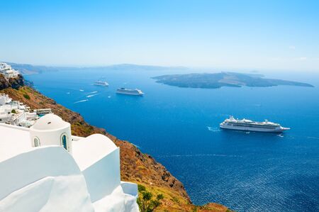 Panoramic view of Santorini island, Greece. Summer landscape with sea view. Famous travel destinationの写真素材