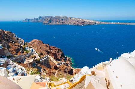 Panoramic view of Santorini island, Greece. Summer landscape with sea view. Famous travel destinationの写真素材