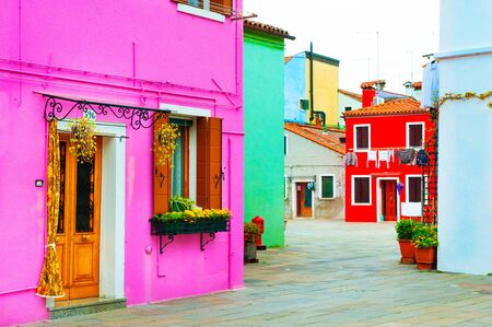 Colorful architecture in Burano island, Venice, Italy. Famous travel destinationの写真素材