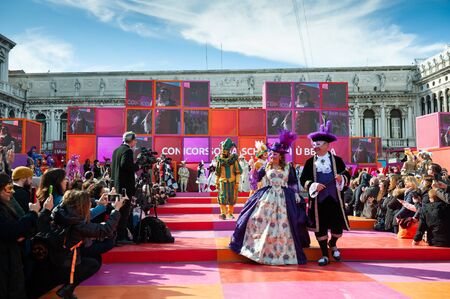Venice, Italy - Februrary, 15, 2020: Venice Carnival show at San Marco square, Best mask contest.のeditorial素材