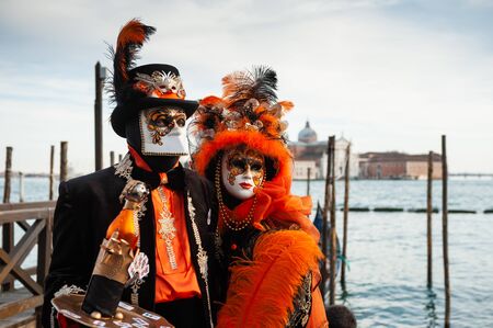 Venice, Italy - Februrary, 16, 2020: People wearing carnival masks at traditional Venice Carnivalのeditorial素材