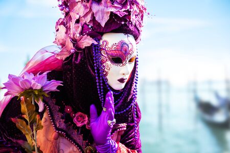 Beautiful colorful masks at traditional Venice Carnival in February 2020 in Venice, Italyのeditorial素材