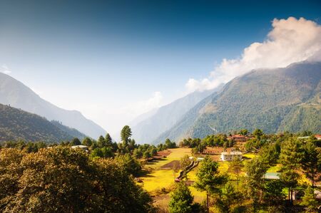 Small village in Himalaya mountains, Nepal. Khumbu valley, Sagarmatha national park, Nepal. Autumn landscapeの写真素材