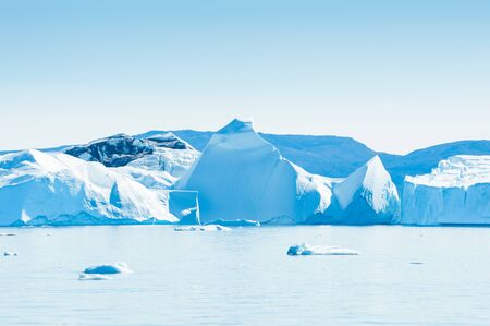 Big blue icebergs in Ilulissat icefjord, western Greenland, Atlantic ocean.の写真素材