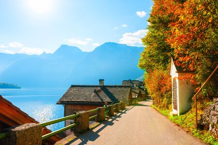 Street view in Hallstatt village, Alpine mountains, Austria. Beautiful autumn landscape. Famous travel destinationの写真素材