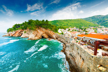 View of the cliffs from Castello fortress in Petrovac, Montenegro. Famous travel destinationのeditorial素材