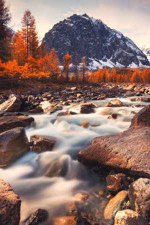 Autumn landscape of river and mountains. Aktru gorge in Altai, Siberia, Russia. Long exposure shot.の写真素材