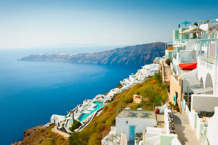 White architecture on Santorini island, Greece. Beautiful summer landscape, sea view. Travel destinations conceptのeditorial素材