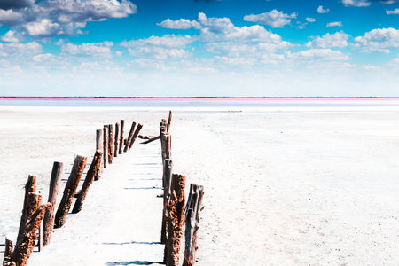 Saline surface and blue sky with clouds. Sasyk-Sivash salt lake in Crimea. Summer landscapeの写真素材