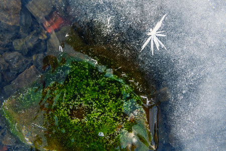 Beautiful ice with air bubbles and hoarfrost on the frozen lake. Macro image. Winter nature...