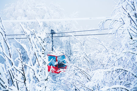 Gondola lift in ski resort in winter forest during snowfall. Krasnaya Polyana, Sochi, Russia. Beautiful snow-covered forest, winter landscapeの写真素材