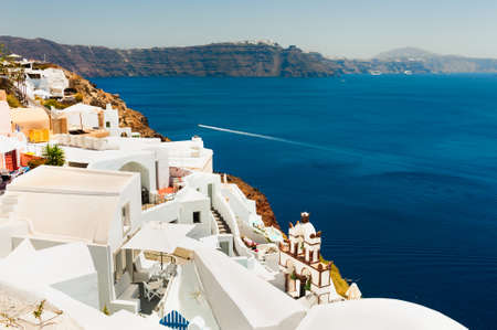 White architecture on Santorini island, Greece. Summer landscape, sea view. Famous travel destinationの写真素材