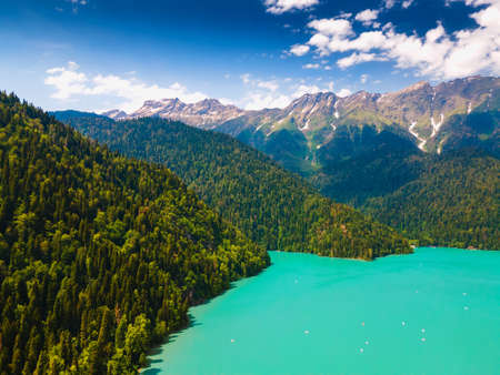 Ritsa lake in Caucasus mountains, Abkhazia. Beautiful summer landscape. Aerial drone view. Famous travel destinationの写真素材