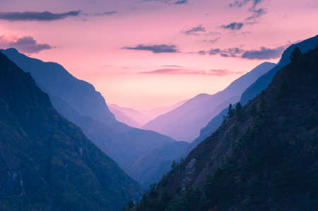 Beautiful sunset in Himalaya mountains, Nepal. Khumbu valley, Everest region, Sagarmatha national parkの写真素材