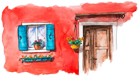 Watercolor painting of red facade of the house with door and window. Colorful architecture in Burano island, Venice, Italy. Creative art illustration on white paper.の写真素材