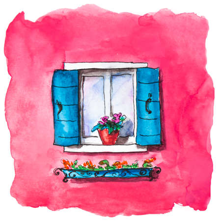 Watercolor painting of window with blue shutters on the pink facade. Colorful architecture in Burano island, Venice, Italy. Creative art illustration on white paper.の写真素材