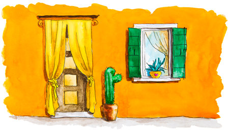 Watercolor painting of orange facade of the house with door and window. Colorful architecture in Burano island, Venice, Italy. Creative art illustration on white paper.の写真素材
