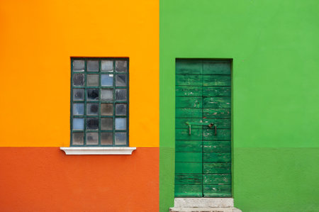 Yellow and green painted facade of the house with wooden door and window. Colorful architecture in Burano island, Venice, Italy.の写真素材