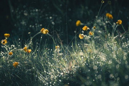 Wild yellow flowers with morning dew in the forest at sunrise. Macro image. Abstract summer nature backgroundの写真素材