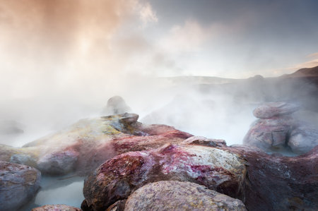 Sol de Manana geysers and fumaroles in Altiplano plateau, Bolivia. Fantastic landscapes of South Americaの写真素材