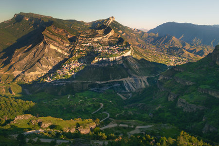Gunib village in the mountains of Dagestan, Caucasus, Russia. Summer landscape at sunrise. Famous tourist destination of Dagestanの写真素材