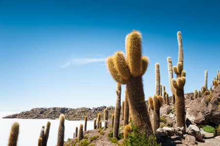 Big green cactuses on Incahuasi island, Salar de Uyuni salt flat, Altiplano, Bolivia. South America summer landscapeの写真素材