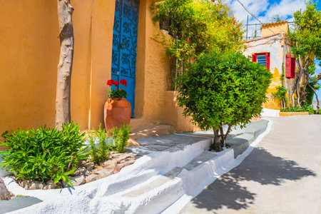 Traditional greek architecture in Athens, Greece. Street with colorful architecture in Plaka district. Famous travel destinationの写真素材