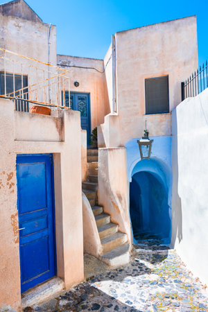 Traditional greek architecture in Pyrgos village, Santorini island, Greece. Famous travel destinationの写真素材