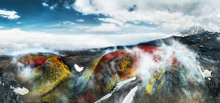 Volcano craters and black lava fields near Tolbachik volcano in Kamchatka, Russia. Aerial panoramic view. Kleshnya craters of Tolbachik volcanoの写真素材