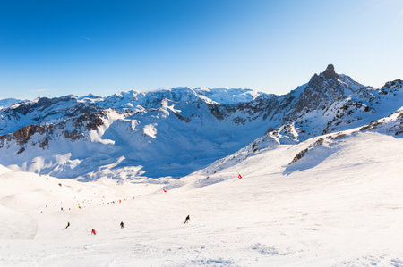 Ski resort in winter Alps mountains, France. View of ski slopes and mountains. Meribel, France. Winter landscapeの写真素材