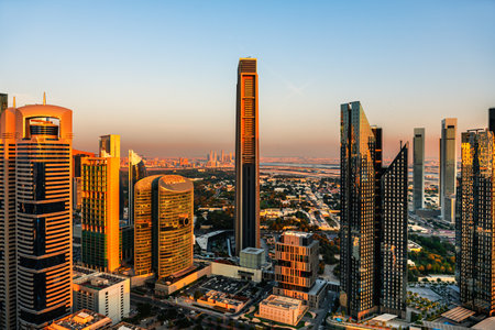 Dubai downtown skyline with modern skyscrapers at sunset. Dubai, United Arab Emirates. Famous travel destinationの写真素材