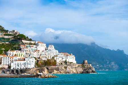Amalfi coast, Italy. Beautiful view of Amalfi town with colorful architecture on the rocks. Mediterranean sea. Famous travel destination.の写真素材