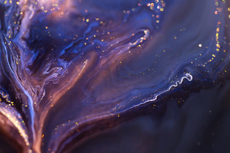 Colorful liquid paint abstract background. Blue, purple and black acrylic paints with shining golden glitter blending texture. Macro imageの写真素材