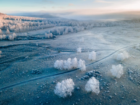 Frost-covered trees in a forest. Clouds over the mountains and autumn forest at foggy sunrise. Aerial view. Autumn landscapeの写真素材