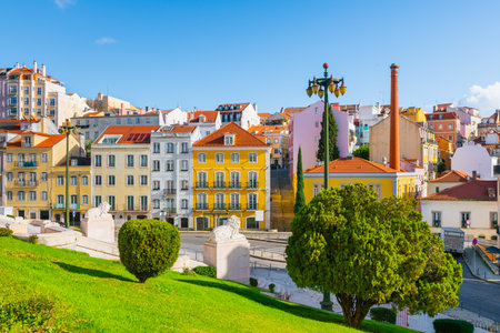 Lisbon, Portugal. Colorful architecture and green trees in city center. Famous travel destinationの写真素材