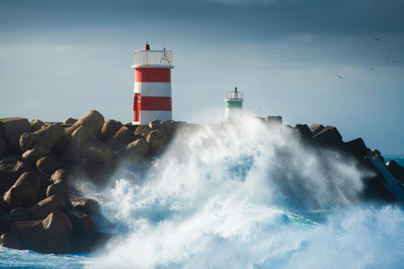 Lighthouses on the shore of Atlantic ocean in Nazare, Portugal. Big ocean waves crashing on the...