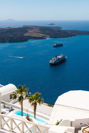 White architecture in Santorini island, Greece. Blue sea and the blue sky at sunny day. Travel and summer vacation conceptの写真素材