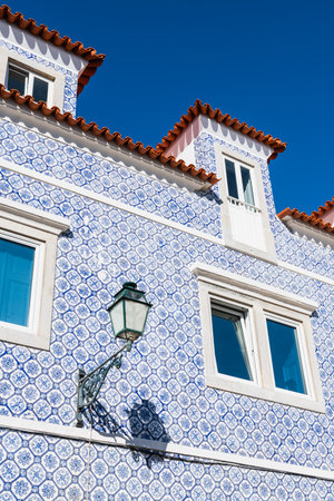 Old architecture with traditional colorful glazed tile in Cascais, Portugal. Famous travel destinationの写真素材