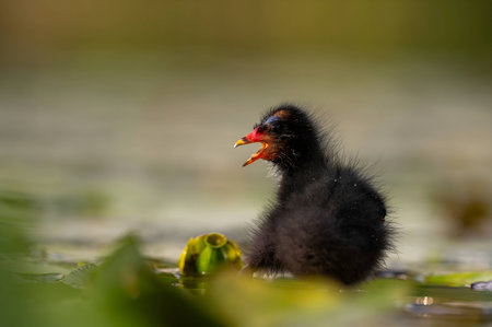 A baby Common Moorhen gracefully glides on the water, with beautifully captured reflections and blurred vegetation in the background.の写真素材