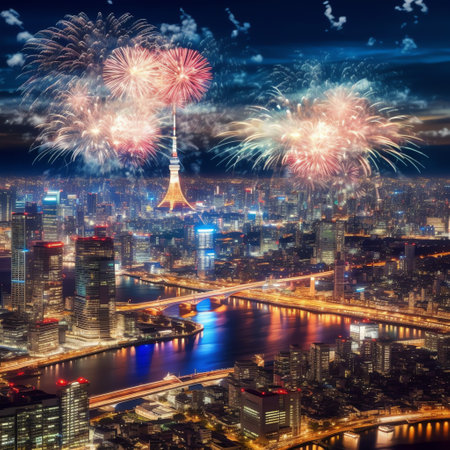 fireworks over the riverの素材