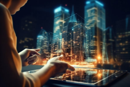 person working on laptop in the cityの素材